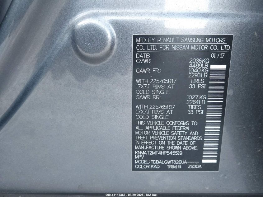 2017 Nissan Rogue Sv VIN: KNMAT2MT4HP545519 Lot: 43113363