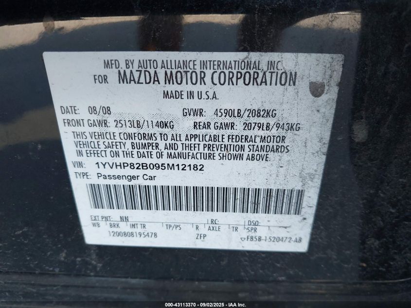 2009 Mazda Mazda6 S Grand Touring VIN: 1YVHP82B095M12182 Lot: 43113370