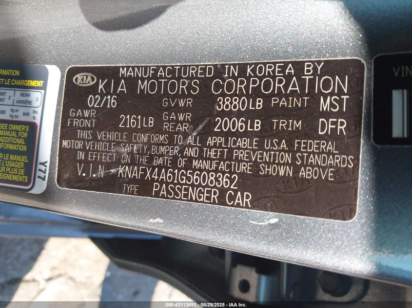 2016 Kia Forte Lx VIN: KNAFX4A61G5608362 Lot: 43113491