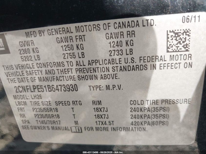 2011 Chevrolet Equinox 2Lt VIN: 2CNFLPE51B6473930 Lot: 43113498