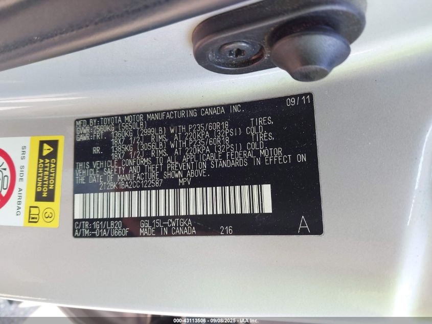 2012 Lexus Rx 350 350 VIN: 2T2BK1BA2CC122587 Lot: 43113506