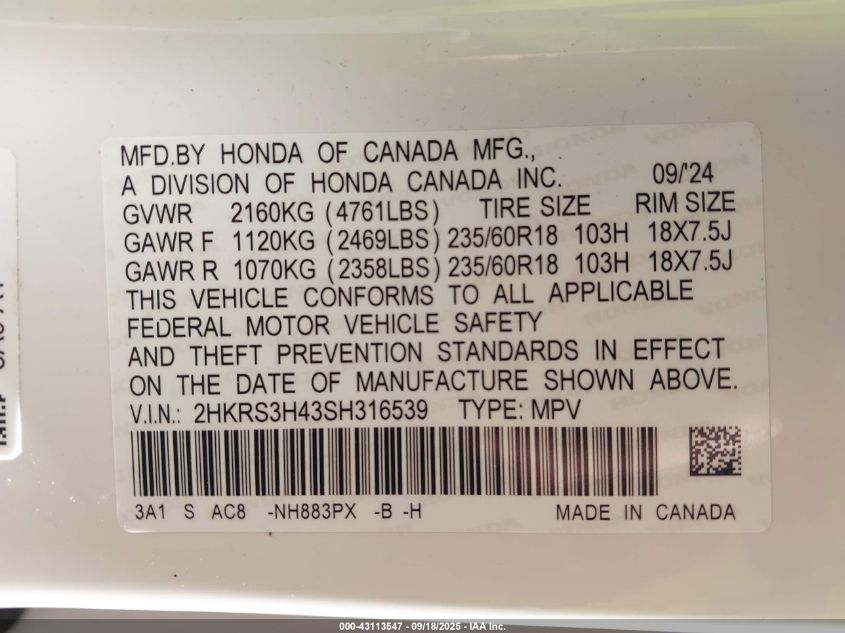 2025 Honda Cr-V Ex 2Wd VIN: 2HKRS3H43SH316539 Lot: 43113547