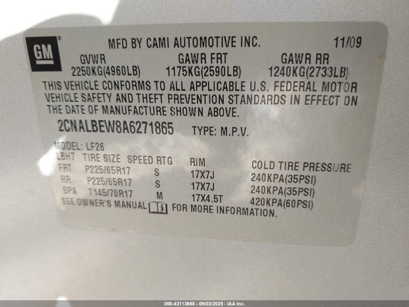 2010 Chevrolet Equinox Ls VIN: 2CNALBEW8A6271865 Lot: 43113668