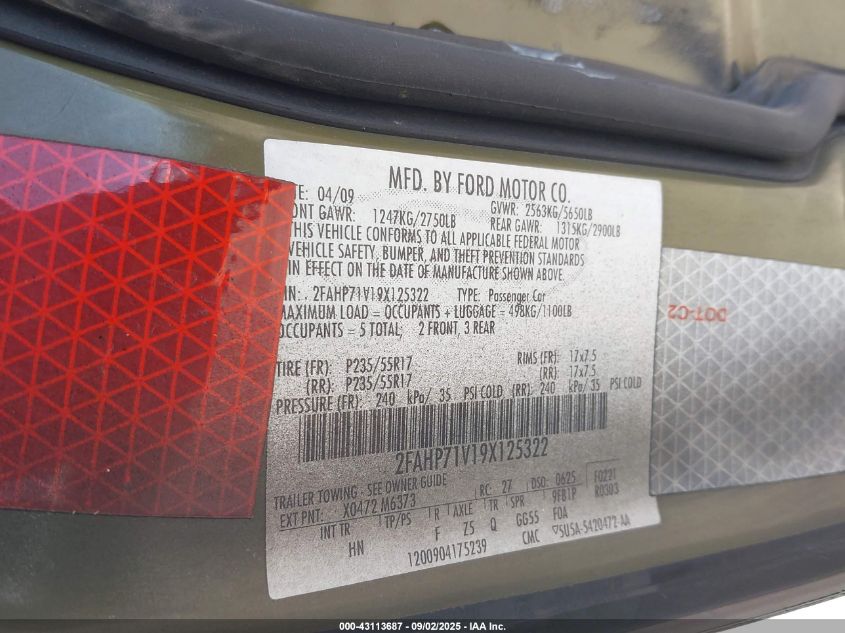 2009 Ford Crown Victoria Police/Police Interceptor/Police Interceptor W/3.55 Ls Axle (730A) VIN: 2FAHP71V19X125322 Lot: 43113687