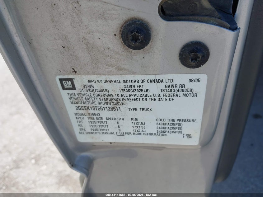 2006 Chevrolet Silverado 1500 Lt1 VIN: 2GCEK13T561126511 Lot: 43113688