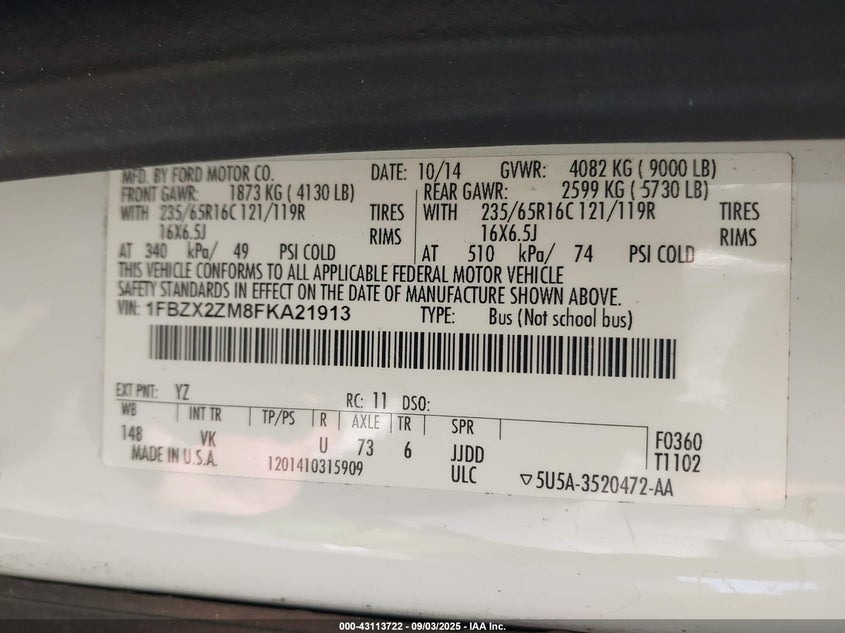 2015 FORD TRANSIT-350 XL 1FBZX2ZM8FKA21913