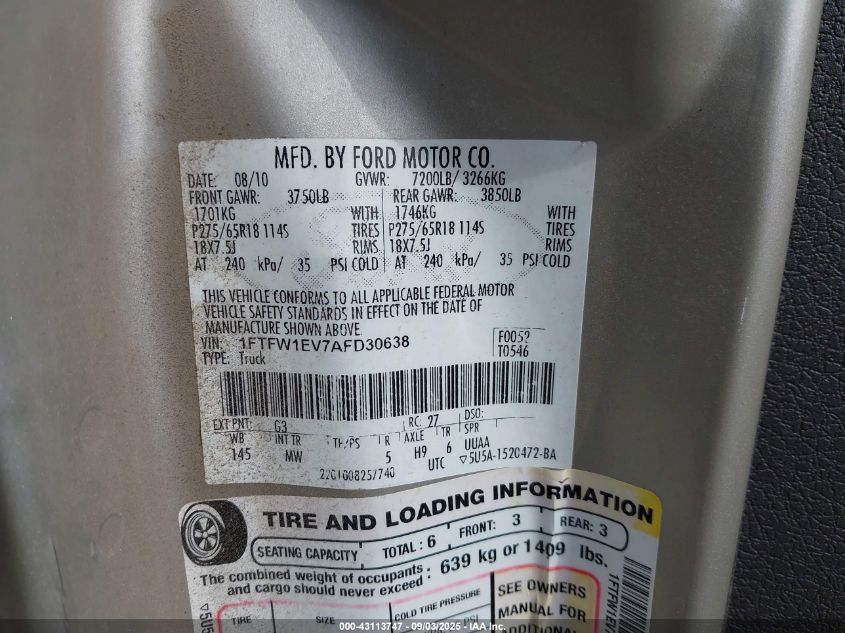 2010 Ford F-150 Fx4/Harley-Davidson/King Ranch/Lariat/Platinum/Xl/Xlt VIN: 1FTFW1EV7AFD30638 Lot: 43113747