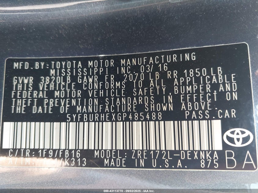 2016 Toyota Corolla Le Plus VIN: 5YFBURHEXGP485488 Lot: 43113770