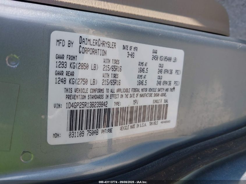 2003 Dodge Caravan Se VIN: 1D4GP25R13B239842 Lot: 43113774