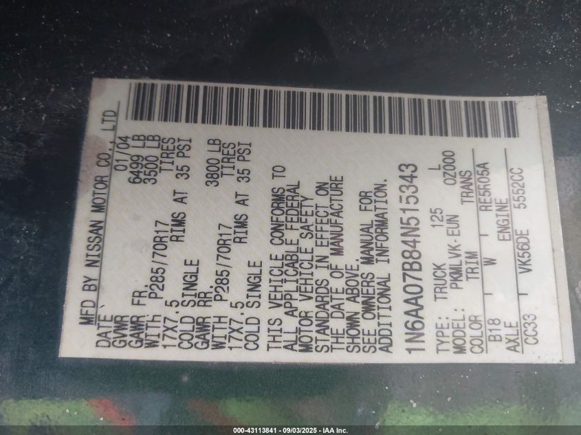 2004 Nissan Titan Le VIN: 1N6AA07B84N515343 Lot: 43113841