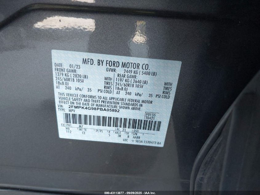 2023 Ford Edge Se VIN: 2FMPK4G98PBA05892 Lot: 43113877