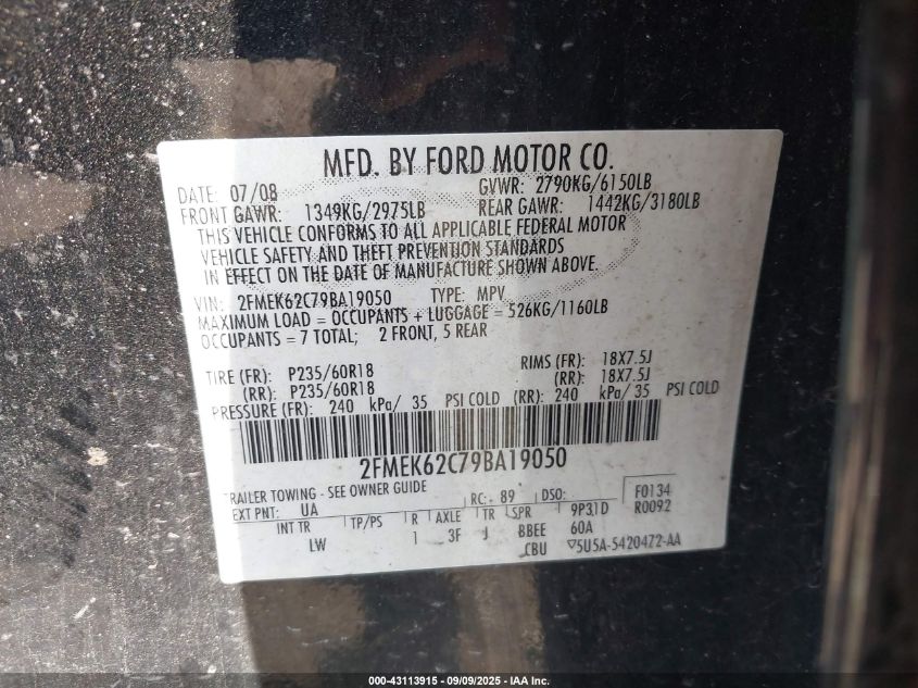 2009 Ford Flex Sel VIN: 2FMEK62C79BA19050 Lot: 43113915