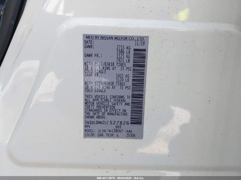 2020 Infiniti Qx60 Luxe VIN: 5N1DL0MN2LC527826 Lot: 43113979