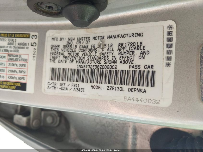 2008 Toyota Corolla Le VIN: 1NXBR32E98Z006002 Lot: 43114064