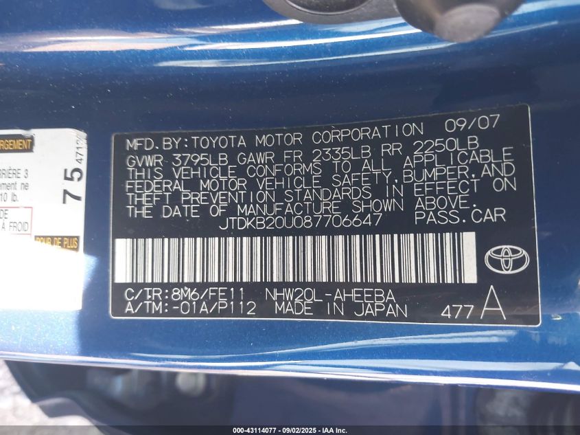 2008 Toyota Prius VIN: JTDKB20U087706647 Lot: 43114077