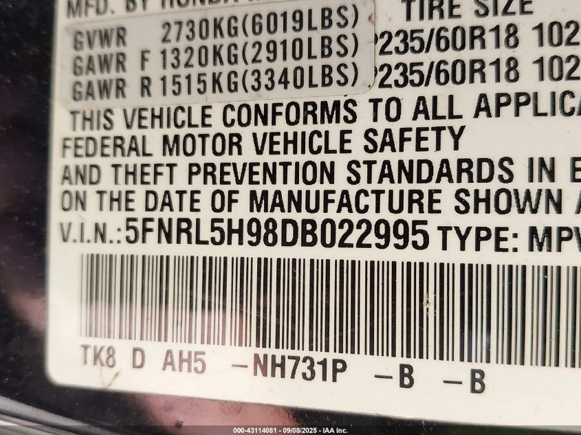 2013 Honda Odyssey Touring/Touring Elite VIN: 5FNRL5H98DB022995 Lot: 43114081