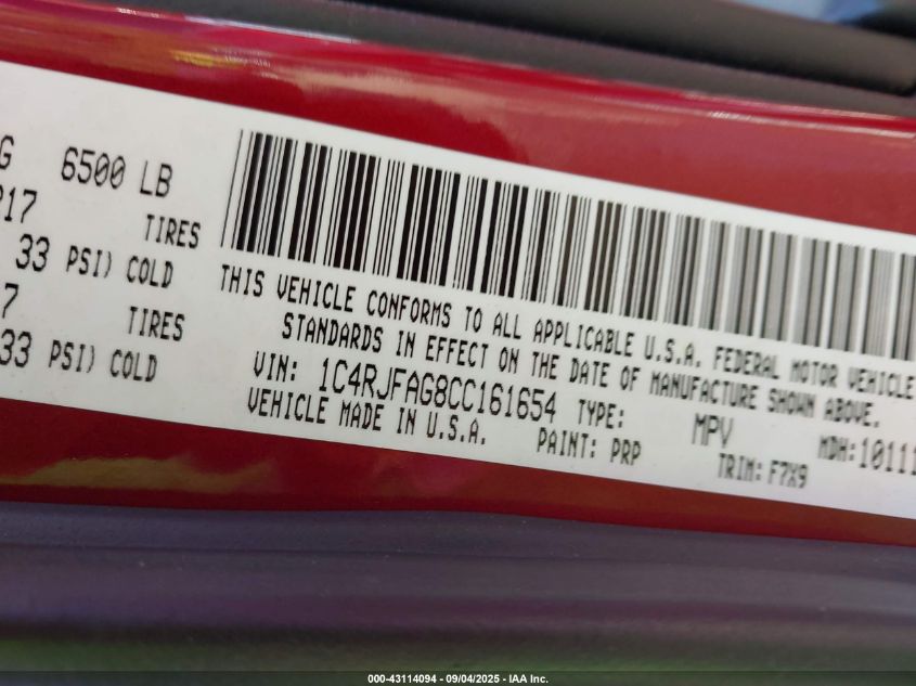 2012 Jeep Grand Cherokee Laredo VIN: 1C4RJFAG8CC161654 Lot: 43114094