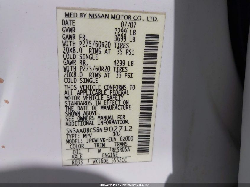 2008 Infiniti Qx56 VIN: 5N3AA08C58N902712 Lot: 43114127