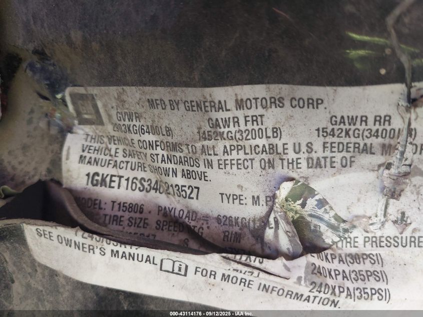 2004 GMC Envoy Xl Sle VIN: 1GKET16S346213527 Lot: 43114176