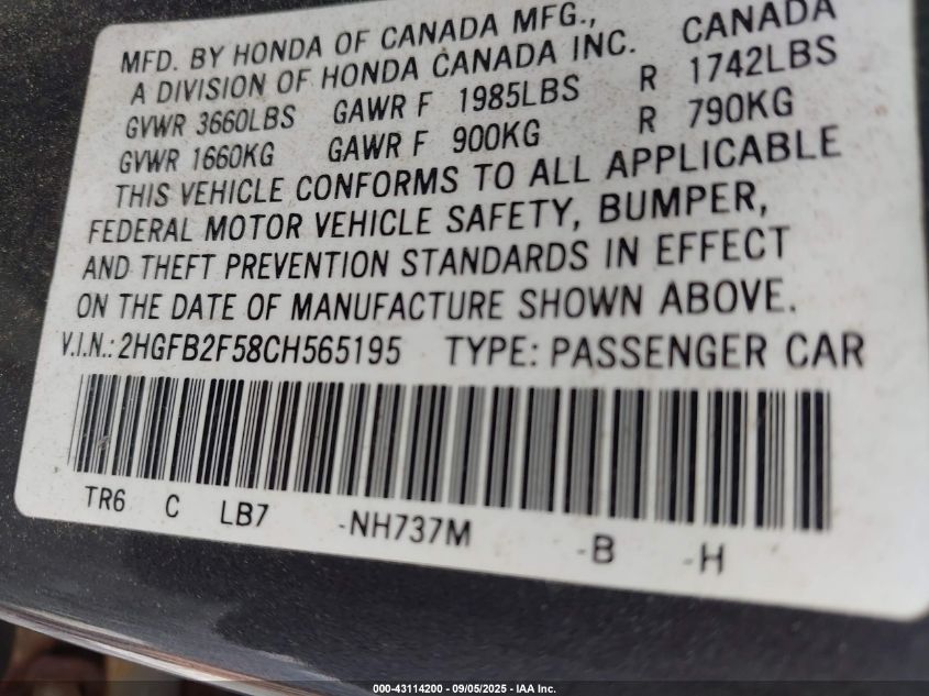 2012 Honda Civic Lx VIN: 2HGFB2F58CH565195 Lot: 43114200