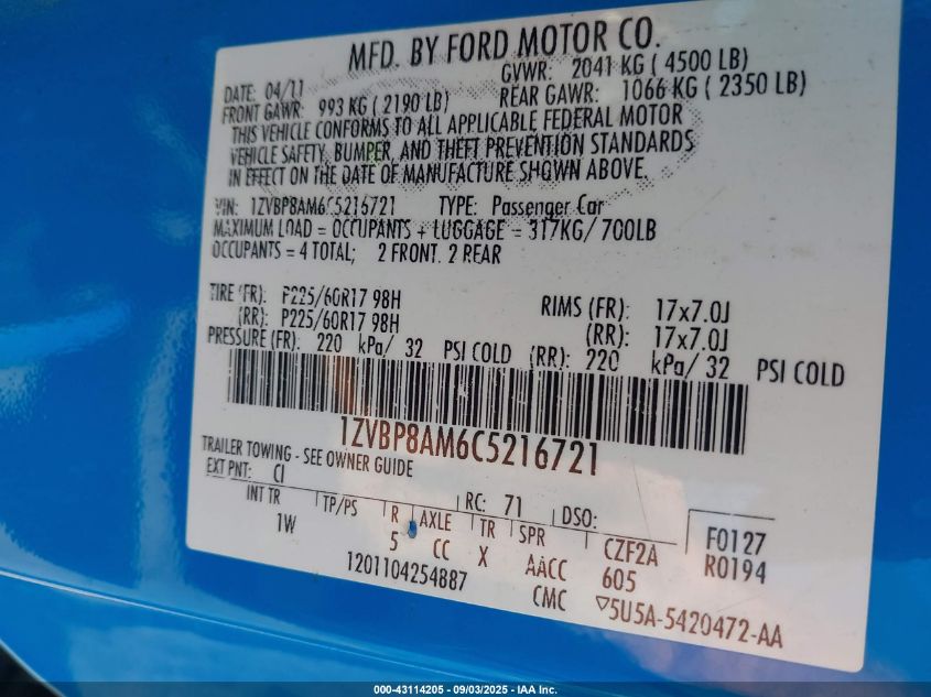 2012 Ford Mustang V6 VIN: 1ZVBP8AM6C5216721 Lot: 43114205