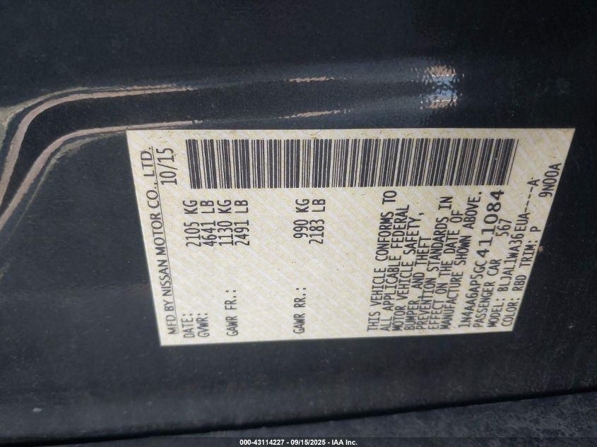 2016 Nissan Maxima 3.5 Sr VIN: 1N4AA6AP5GC411084 Lot: 43114227