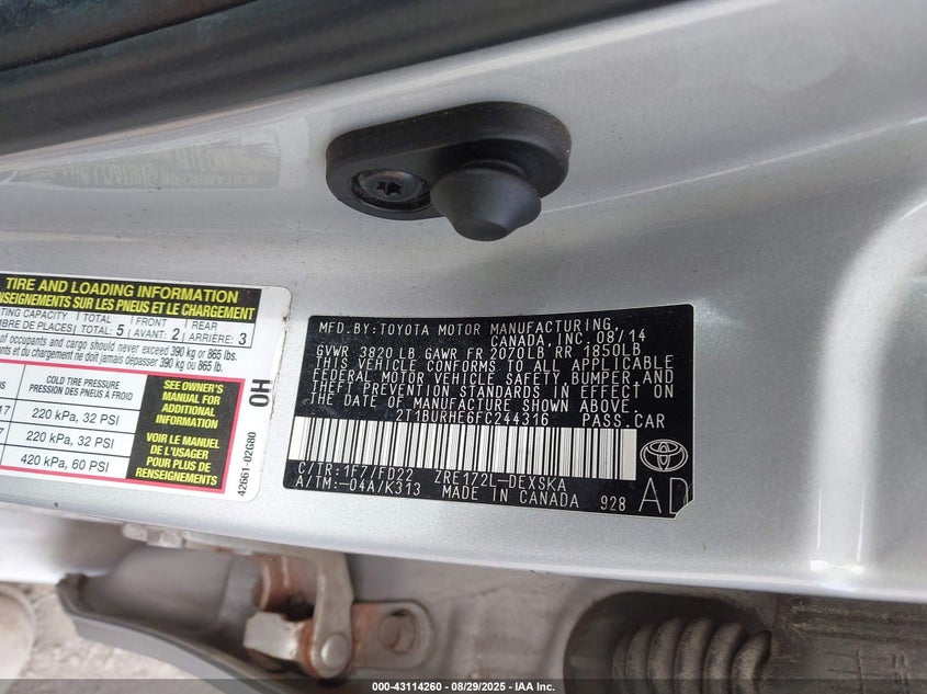 2015 Toyota Corolla S Plus VIN: 2T1BURHE6FC244316 Lot: 43114260