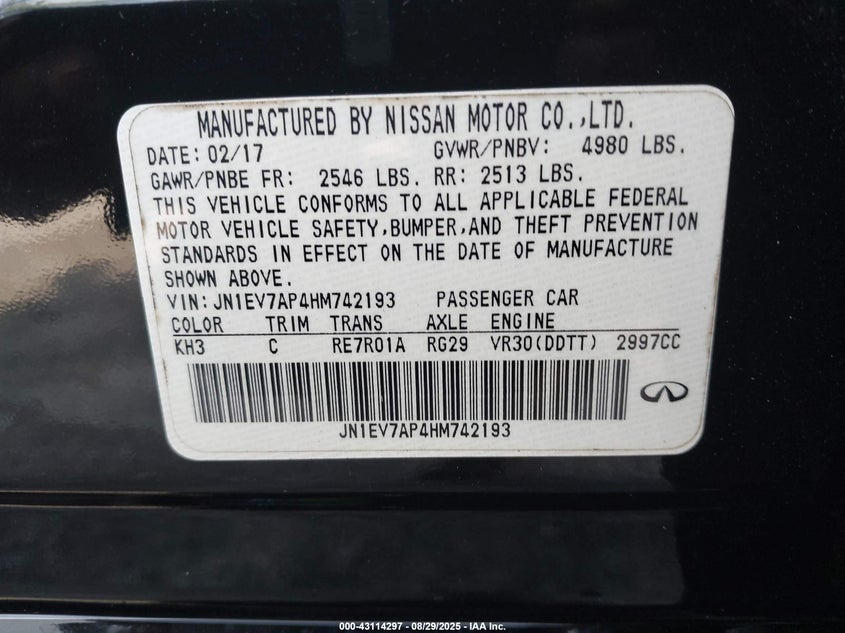 VIN JN1EV7AP4HM742193 2017 INFINITI Q50 3.0T SIGNATURE EDITION
