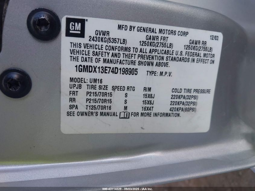 2004 Pontiac Montana M16 W/1Se Pkg. VIN: 1GMDX13E74D198905 Lot: 43114329