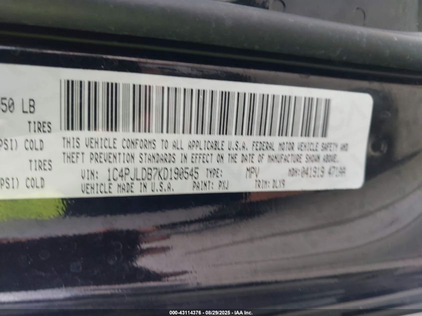 2019 Jeep Cherokee Limited Fwd VIN: 1C4PJLDB7KD190545 Lot: 43114376