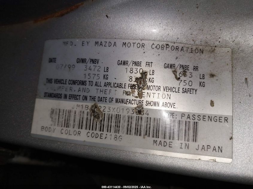 1999 Mazda Protege Dx/Lx VIN: JM1BJ2223X0193884 Lot: 43114430
