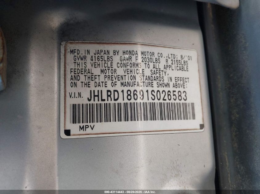 2001 Honda Cr-V Ex VIN: JHLRD18691S026583 Lot: 43114443