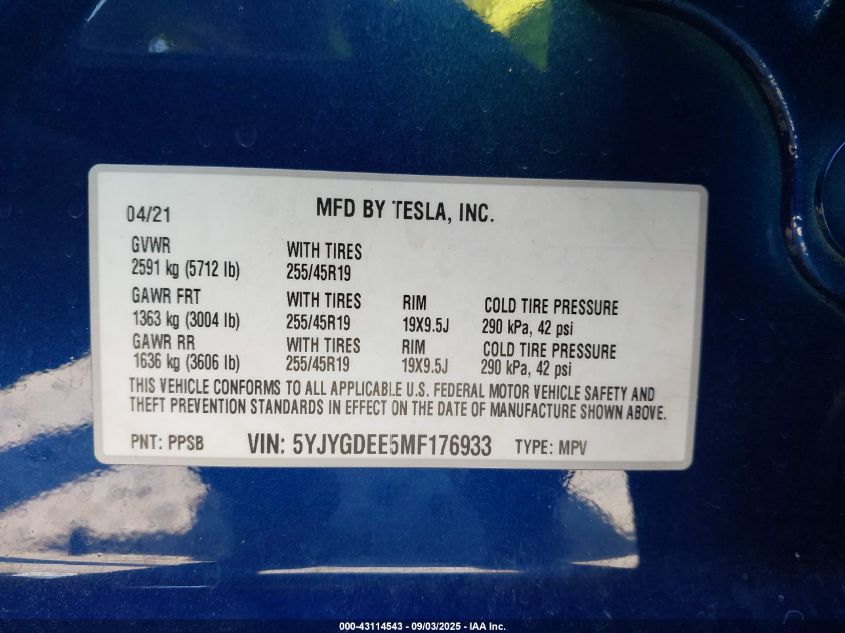 2021 Tesla Model Y Long Range Dual Motor All-Wheel Drive VIN: 5YJYGDEE5MF176933 Lot: 43114543