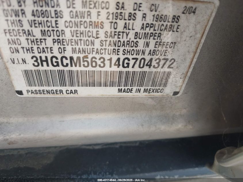 2004 Honda Accord 2.4 Lx VIN: 3HGCM56314G704372 Lot: 43114544