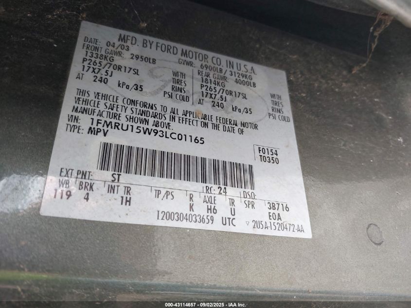 2003 Ford Expedition Xlt VIN: 1FMRU15W93LC01165 Lot: 43114657