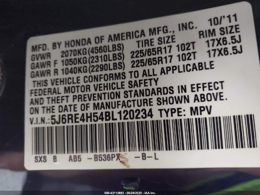 2011 Honda Cr-V Ex VIN: 5J6RE4H54BL120234 Lot: 43114663