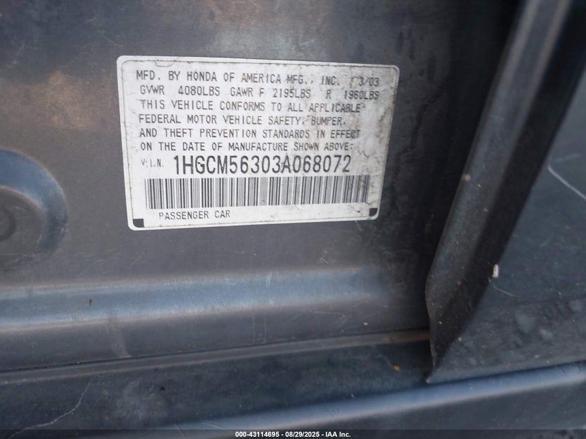 2003 Honda Accord 2.4 Lx VIN: 1HGCM56303A068072 Lot: 43114695