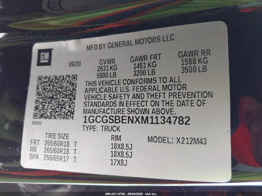 2021 Chevrolet Colorado 2Wd Short Box Wt VIN: 1GCGSBENXM1134782 Lot: 43114788