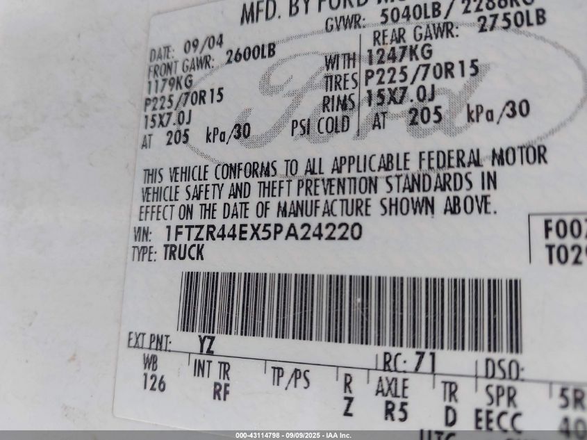 2005 Ford Ranger Edge/Stx/Xlt VIN: 1FTZR44EX5PA24220 Lot: 43114798