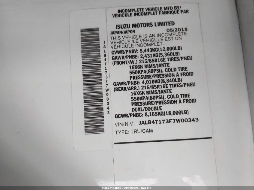 2015 Isuzu Commercial Van VIN: JALB4T173F7W00343 Lot: 43114810