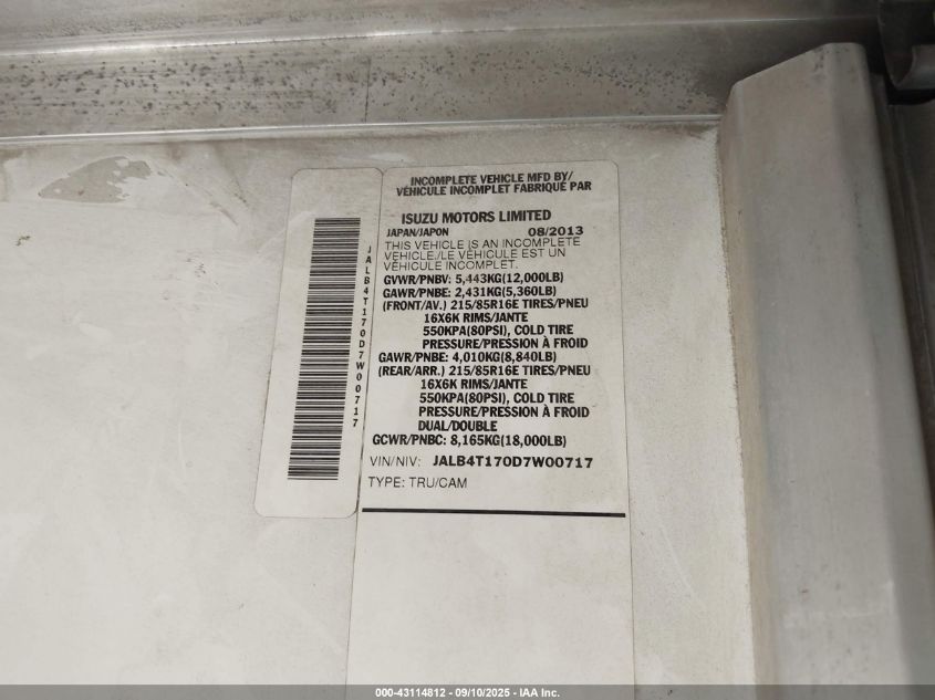 2013 Isuzu Commercial Van VIN: JALB4T170D7W00717 Lot: 43114812