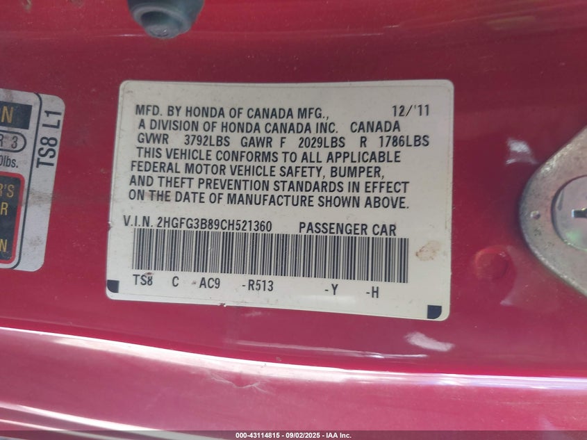 2012 Honda Civic Ex VIN: 2HGFG3B89CH521360 Lot: 43114815