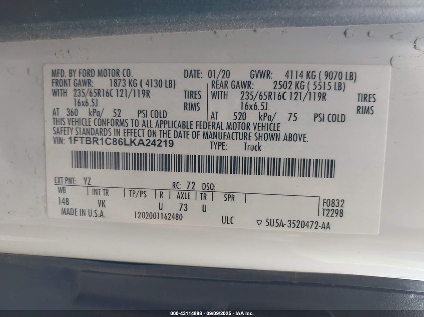 2020 FORD TRANSIT-250 - 1FTBR1C86LKA24219