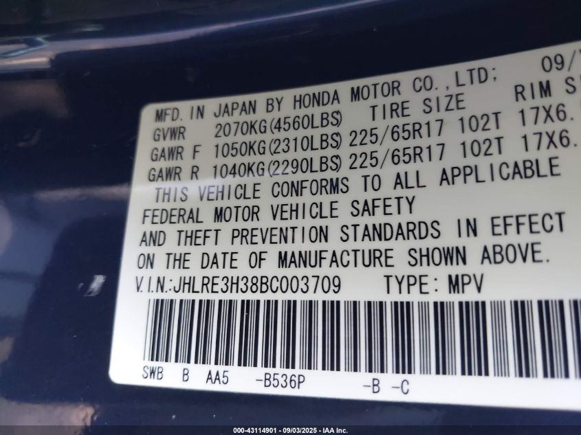 2011 Honda Cr-V Lx VIN: JHLRE3H38BC003709 Lot: 43114901