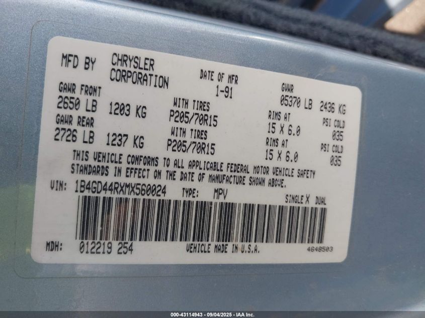 1991 Dodge Grand Caravan Se VIN: 1B4GD44RXMX560024 Lot: 43114943