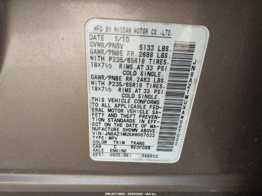 2010 Nissan Murano Sl VIN: JN8AZ1MUXAW007022 Lot: 43115000