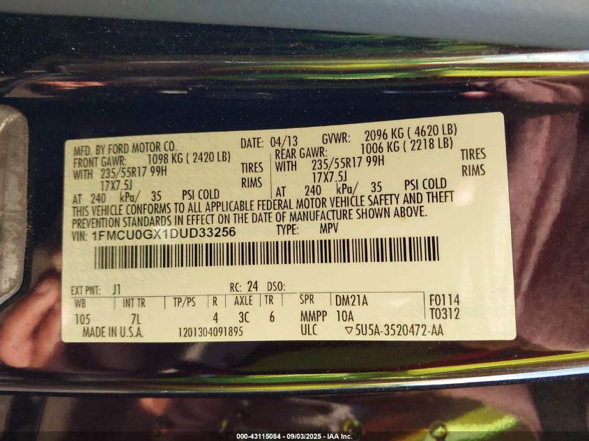 2013 Ford Escape Se VIN: 1FMCU0GX1DUD33256 Lot: 43115084