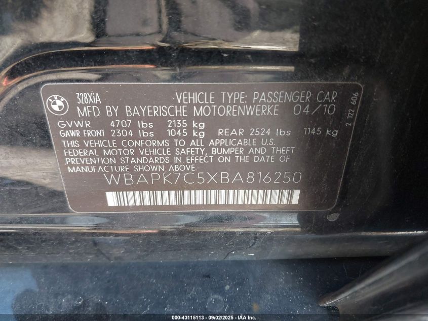 2011 BMW 328I xDrive VIN: WBAPK7C5XBA816250 Lot: 43115113