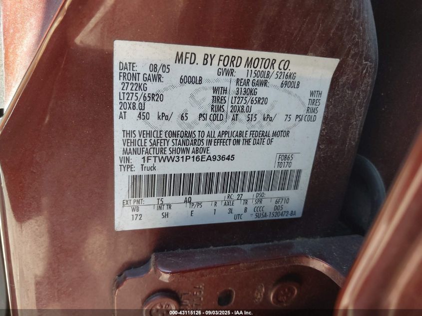 2006 Ford F-350 Lariat/Xl/Xlt VIN: 1FTWW31P16EA93645 Lot: 43115126