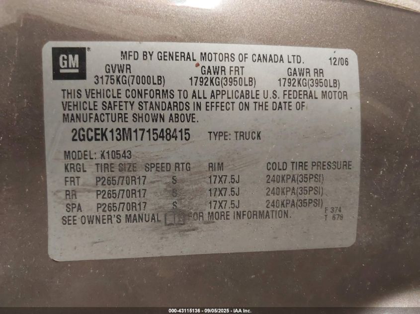2007 Chevrolet Silverado 1500 Lt1 VIN: 2GCEK13M171548415 Lot: 43115136